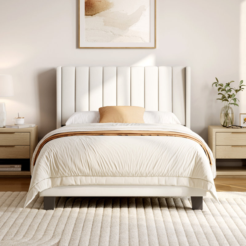 Upholstered Bed Frame with Channel Tufted Headboard, Beige, Double (4'6)