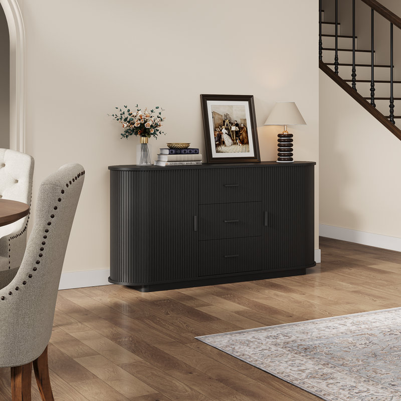 63" Sideboard With Sliding Tambour Door, Buffet Cabinet With 3 Large Drawers & 2 Cabinets For Dining Room, Living Room, Black