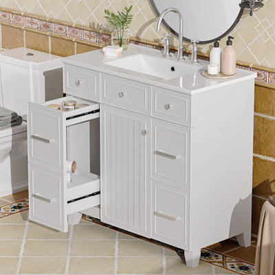 Meuble-lavabo de salle de bain avec lavabo en céramique, structure en bois massif, portes à fermeture en douceur, tablettes réglables, 3 tiroirs, tiroir double profondeur inclus