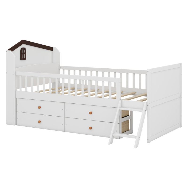 Cadre de lit avec rangement à 4 tiroirs, cadre de lit en bois pour enfants, lit plateforme avec tête de lit garde-corps et échelle