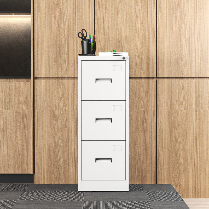 Classeur vertical à 3 tiroirs en métal blanc, verrouillé, avec rangement spacieux et glissières en acier silencieuses pour documents de format A4 / Légal / lettre, tiges de suspension réglables, surface facile à nettoyer