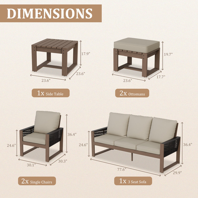 Ensemble de conversation 6 pièces avec canapé en bois massif et assise en cèdre, Beige