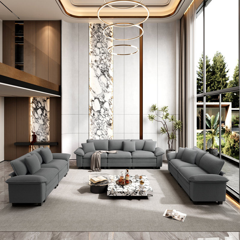 7 - Piece Living Room Set, Light Grey Corduroy