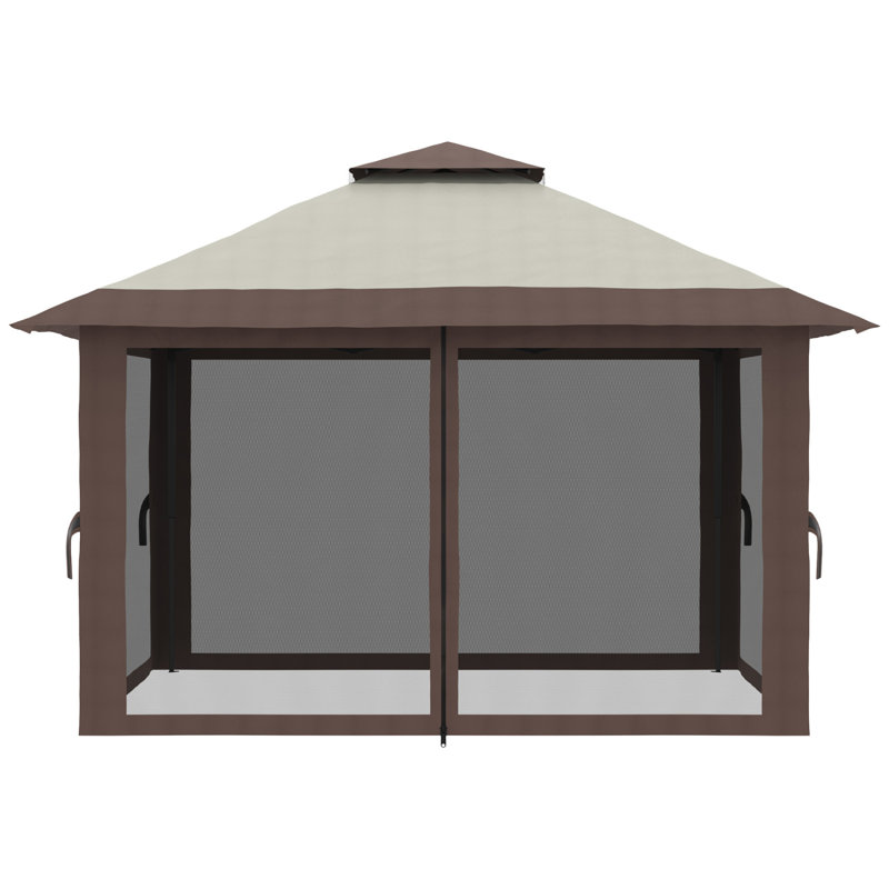 Outsunny 13' X 13' Pop Up Gazebo With Netting, Instant Canopy Tent Shelter With 2-Tier Roof,  Wheeled Carry Bag, Water/Sand Bags For Outdoor, Garden, Parties, Beige