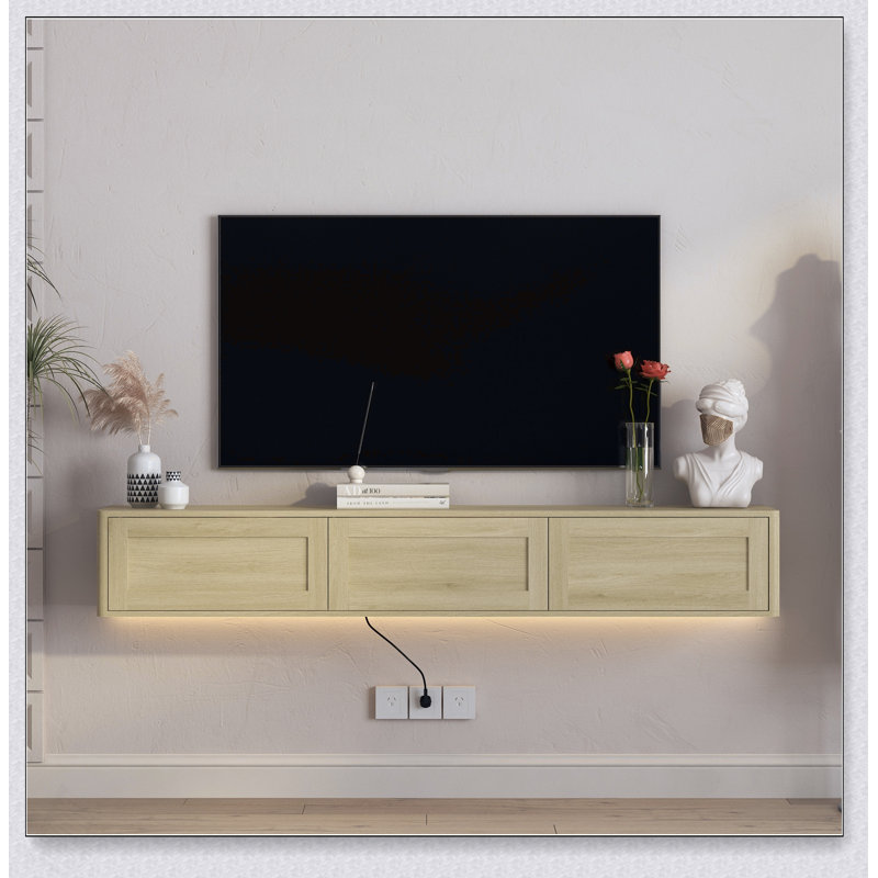 Meuble télé mural flottant avec lumières DEL et prises de courant, finition ultrabrillante pour les salons modernes