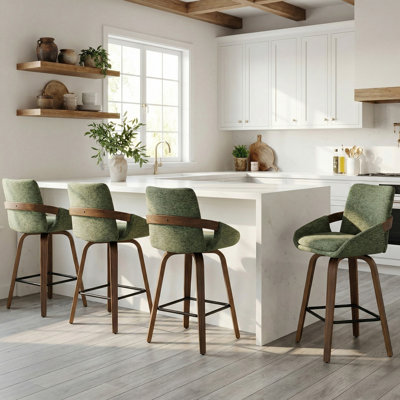 26" Swivel Upholstered Counter Stool with Walnut-Finish Bentwood Accent