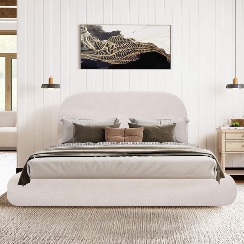  Velvet Upholstered Platform Bed Frame With Headboard,Box Spring Required, Queen, Cream