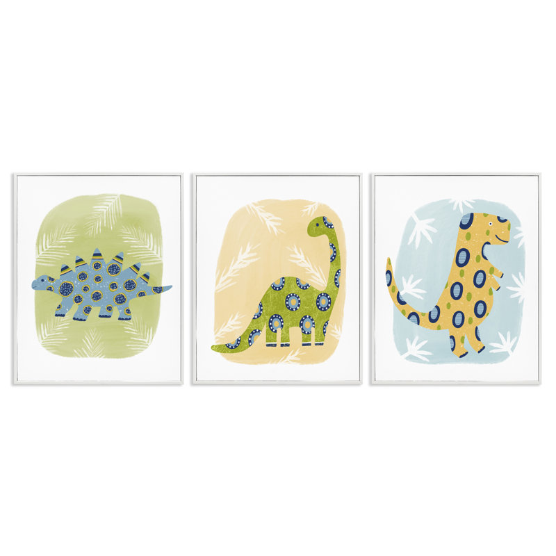  Three Patterned Dinosaurs 3 PC Giclee Art Set by Lisa Nohren, 14" H x 11" W, Coastal White Framed Giclee