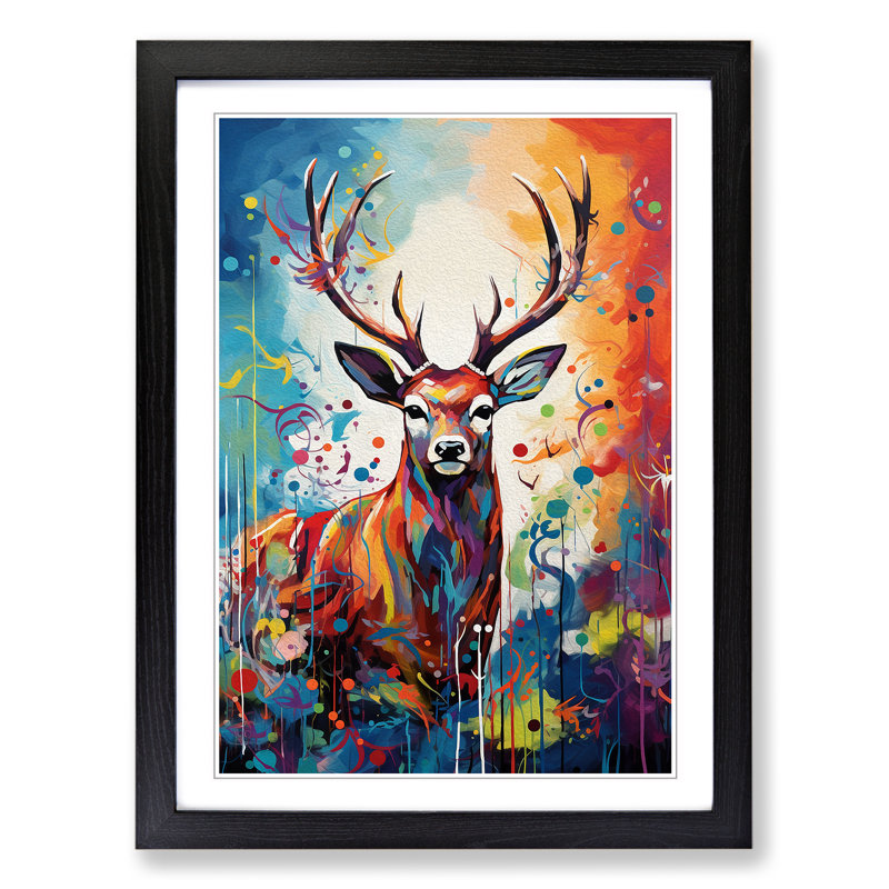 Deer Expressionism - Single Picture Frame Print on Wood, 34cm H x 25cm W, Black Framed