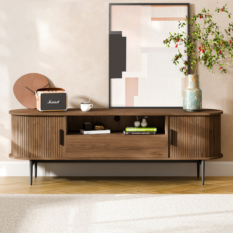 Tambour Mid-Century TV Stand With Drawer for TV Up to 75", Brown