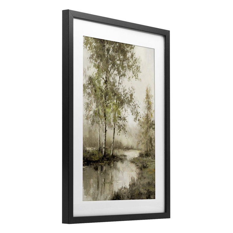 Spring River in Forest, reproduction encadrée sous verre, conception de T.C. Chiu, H 20 po x l 14 po, Cadre noir minuit