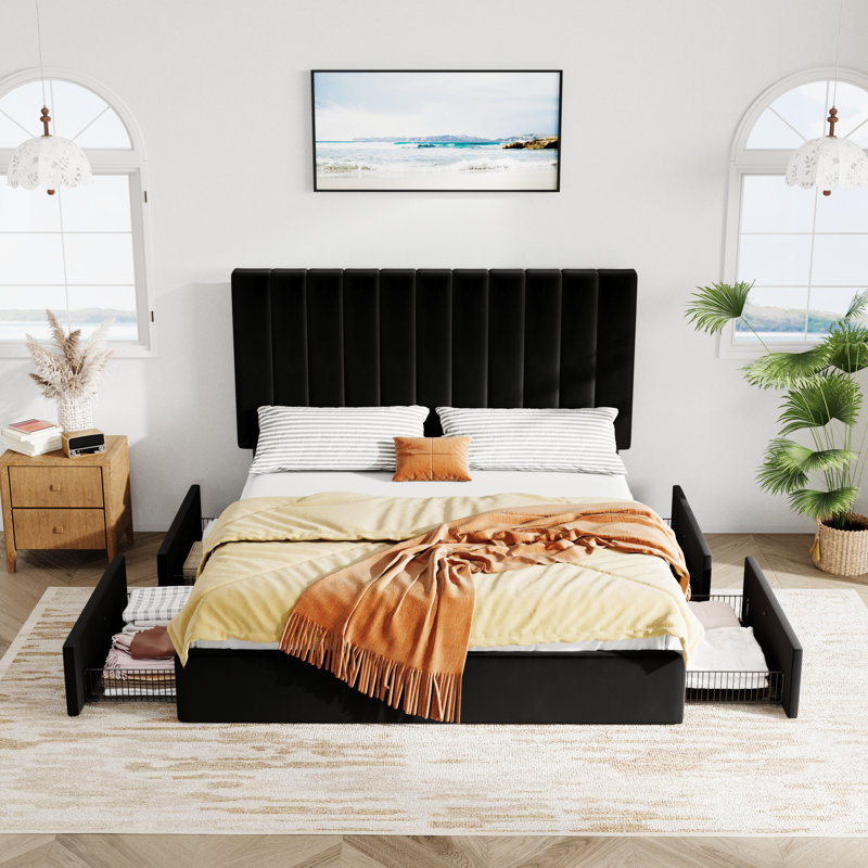 Lit plateforme tapissier en velours avec tête de lit réglable et 4 tiroirs, Noir, Grand