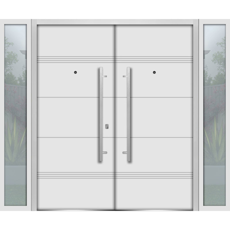 Façade avant extérieure double portes en métal / deux en émail blanc 1705/2 fenêtres latérales extérieures latérales noires / entrée moderne à gauche avec porte active 104 po x 80 po
