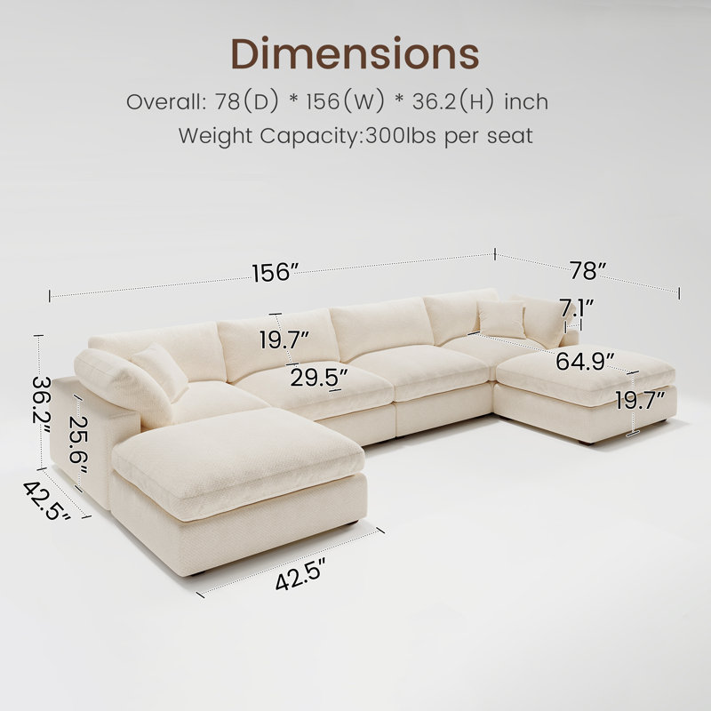 Abramson Beige U-shaped Chenille Modular Symmetrical Cloud Sofa, Beige Chenille, 36.2" H x 156" W x 78" D