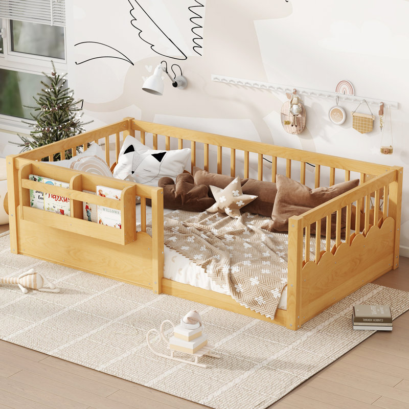 Taquile Kids Wood Floor Bed with Fence & Built-In Bookshelf, Natural, Twin