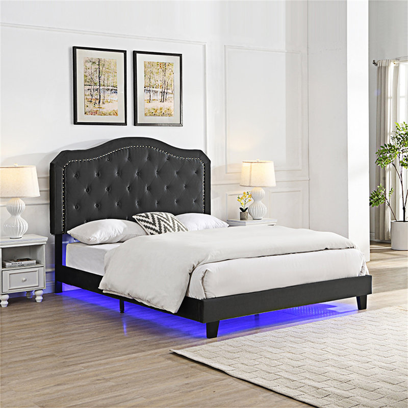 Upholstered Button Tufted Bed With LED Light