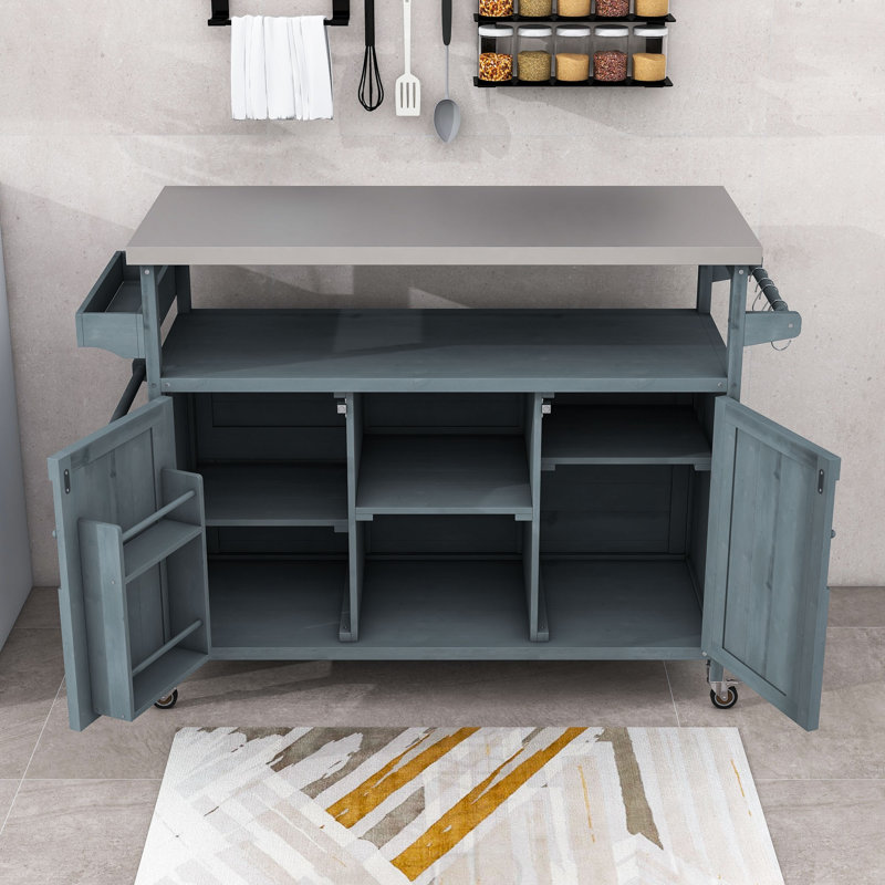 Cheyene Rolling Kitchen Island with Stainless Steel Top and Lockable Wheels, Gray Blue