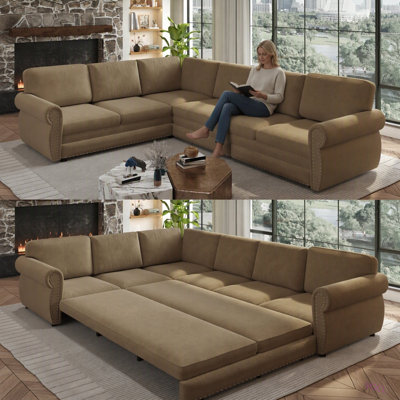 118" L-Shaped Sofa Couch with Pull-Out Bed, Oversize Convertible Sleeper Sofa with Nailhead Trim & Rolled Arm, Chenille Upholstered Sectional Couches, for Living Room
