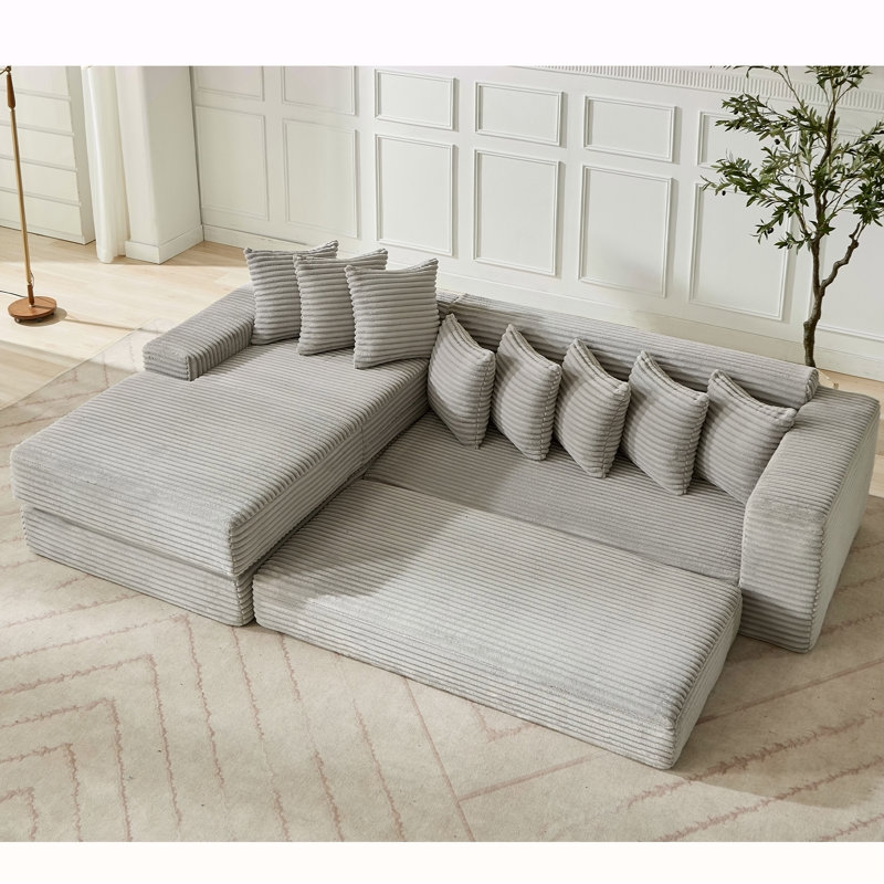 Canapé en L surdimensionné en forme de L, canapé-lit convertible, sans assemblage, huit coussins, 3 en 1, poche latérale, velours côtelé gris clair