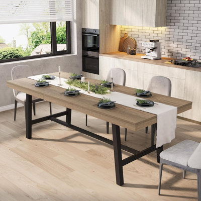 63-83" Extendable Industrial Dining Table for 6-8 People, Black Metal Frame, Rustic Wood Grain, Heavy-Duty Kitchen Table for Dining Room, Parties