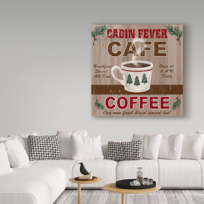 « cabane fièvre cafe », affiche rétro sur toile tendue, H 14 po x l 14 po x P 2 po