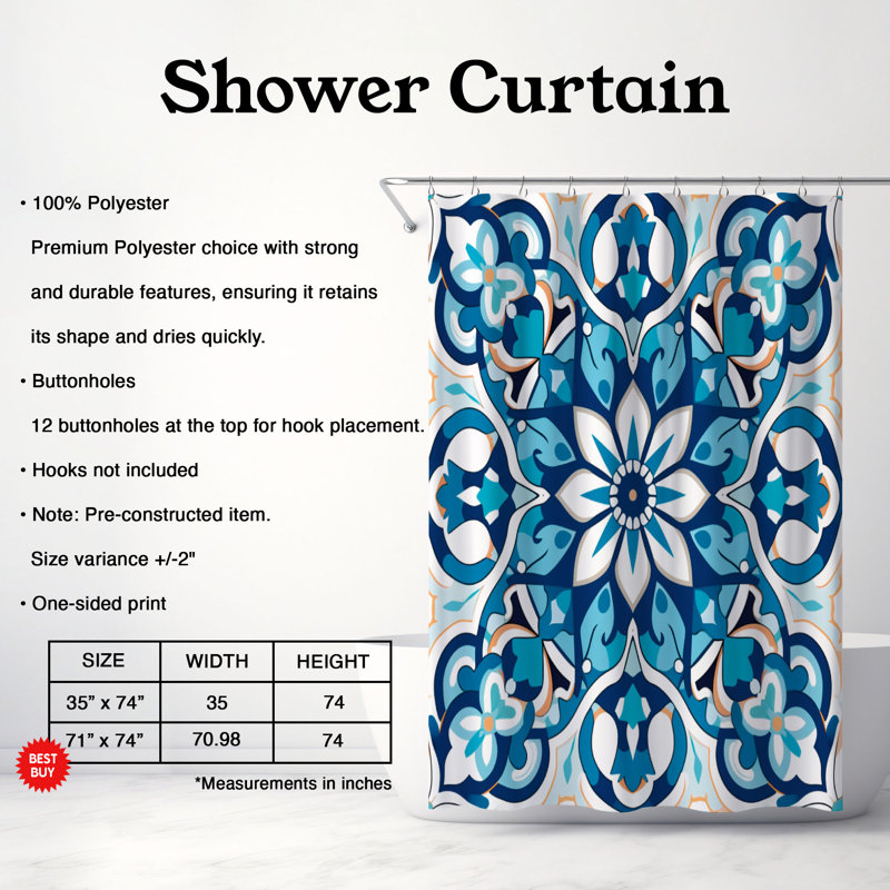 Classic Arab Tiles - Rideau de douche standard 1 pièce, H 74 po x l 35 po