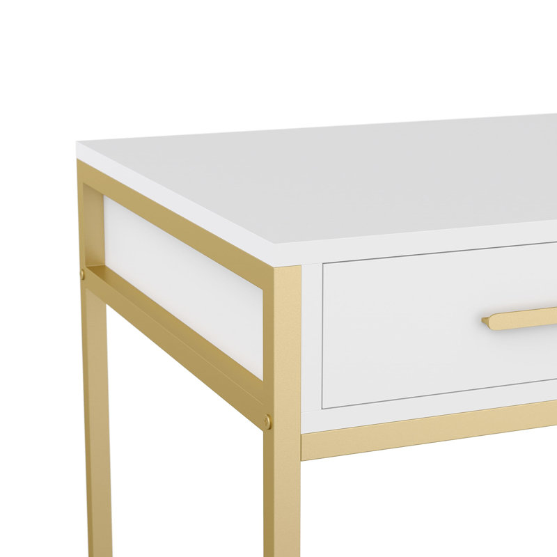 Huddleston Martha Stewart 3 Drawer Home Office Desk with Metal Frame and Hardware, White/Polished Brass
