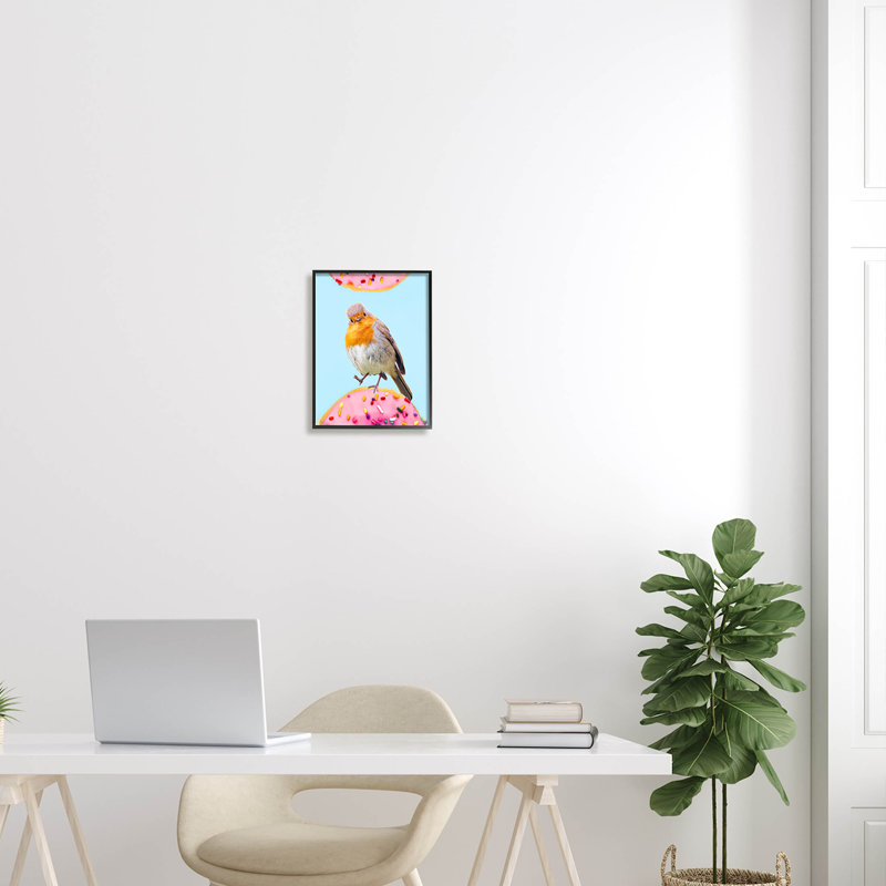 " Bird Perched Sprinkled Donut " by Ziwei Li, Midnight Black Framed Giclee, 14" H x 11" W x 1.5" D