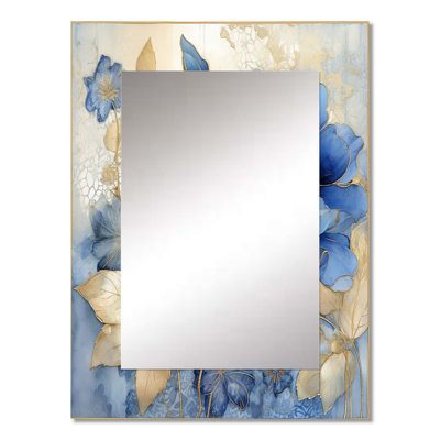 Blooming Blue & White Chrysanthemum Flower I - Flowers Mirror, Traditional Decorative Wall Mirror, Printed Metal Art