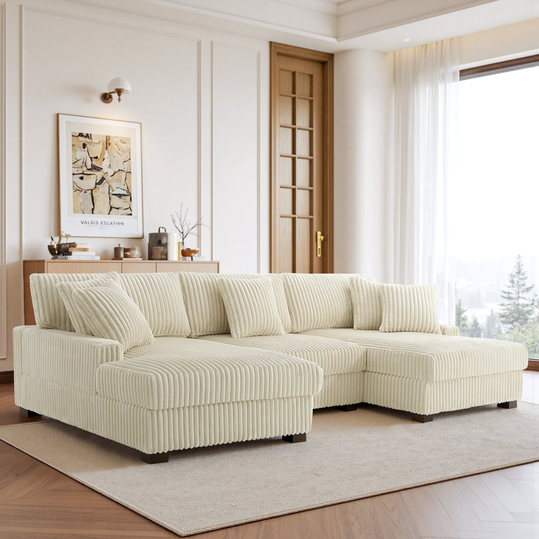 3 - Piece Upholstered Faux Rabbit Fur Flannel Modular Sectional Sofa with Armrests & Throw Pillows