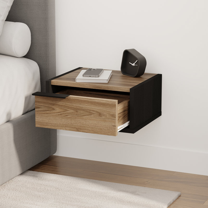  Eco Floating Bedside Table With Drawer And Metal Handle, Bedroom, Black Wood/Whiskey Oak