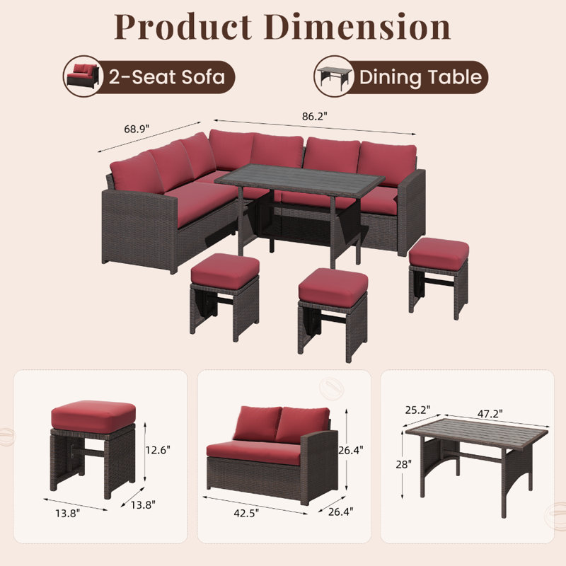 Ensemble de conversation modulaire 7 pièces Angila, Coussin vin rouge / cadre brun