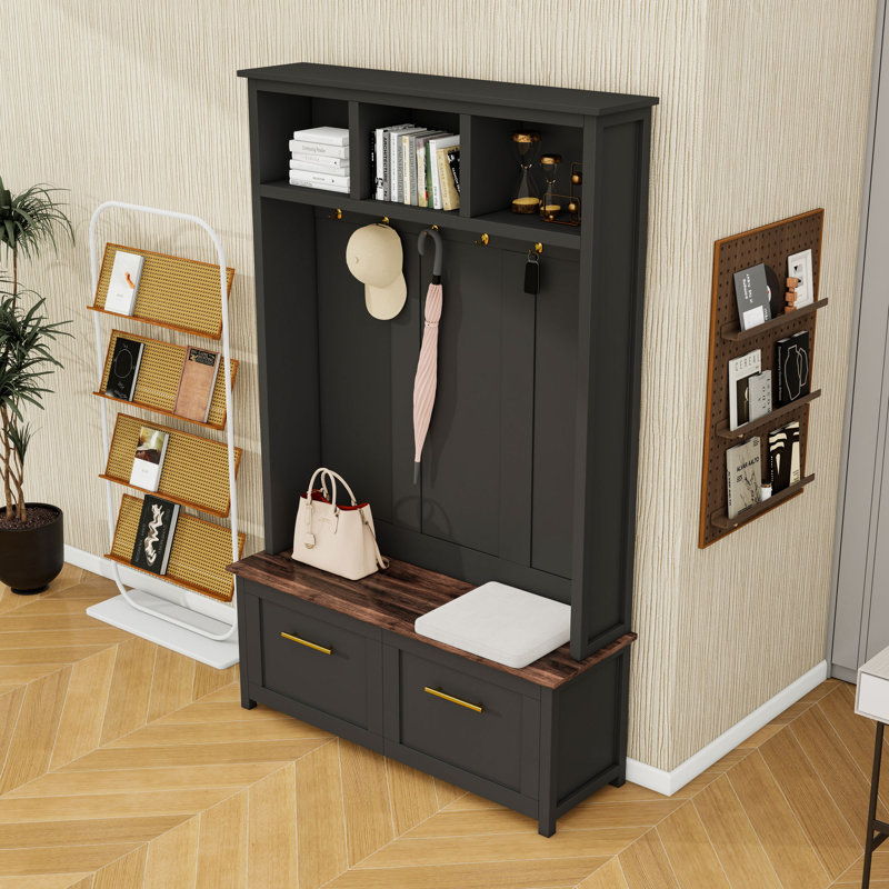Modern Hall Tree with Golden Hooks, Bench, Drawers and Storage Compartments, Black