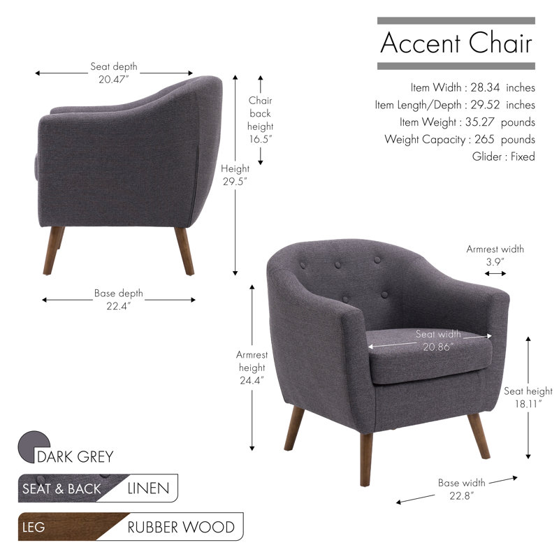 Fauteuil capitonné de 28,34 po de largeur Amedee, Gris foncé