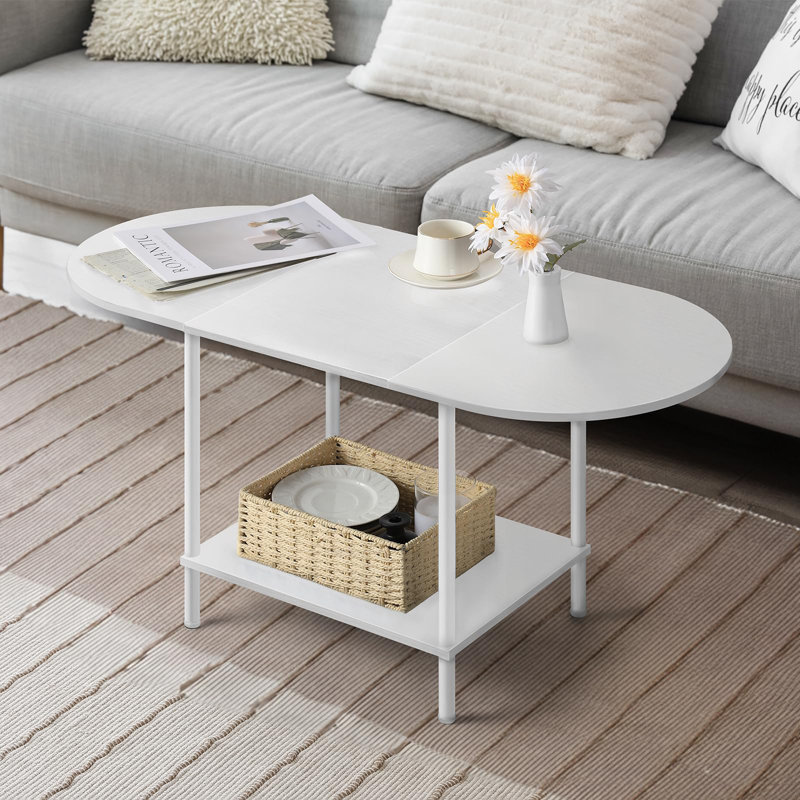 White Oval Wood Coffee Table with Storage Shelf