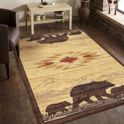Tapis de couloir Nature's Nest Lodge, 2,58 pi X 7,25 pi, polypropylène beige, magnifique avec des pics majestueux et une faune charmante, surface beige, envers en polypropylène, montagnes