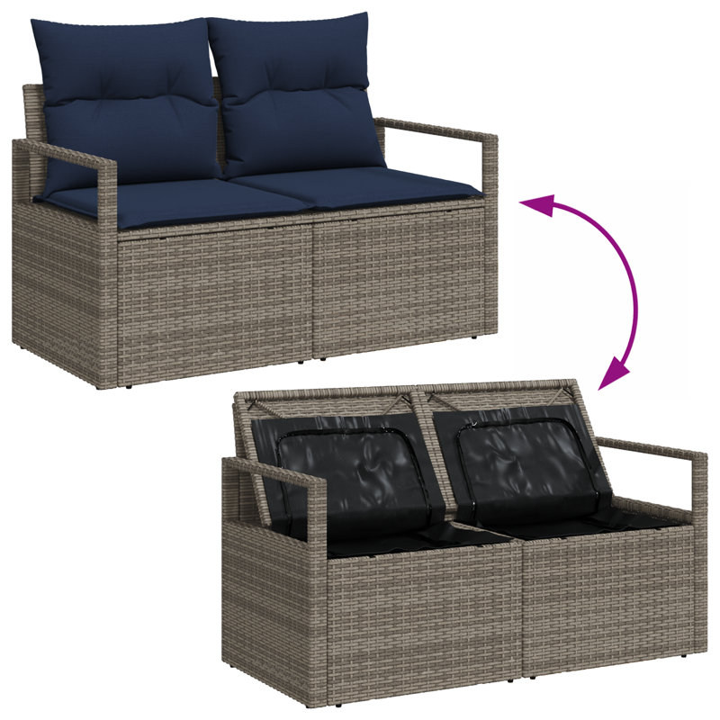 2-Seater Garden Sofa With Storage & Cushions Grey Poly Rattan, Gray