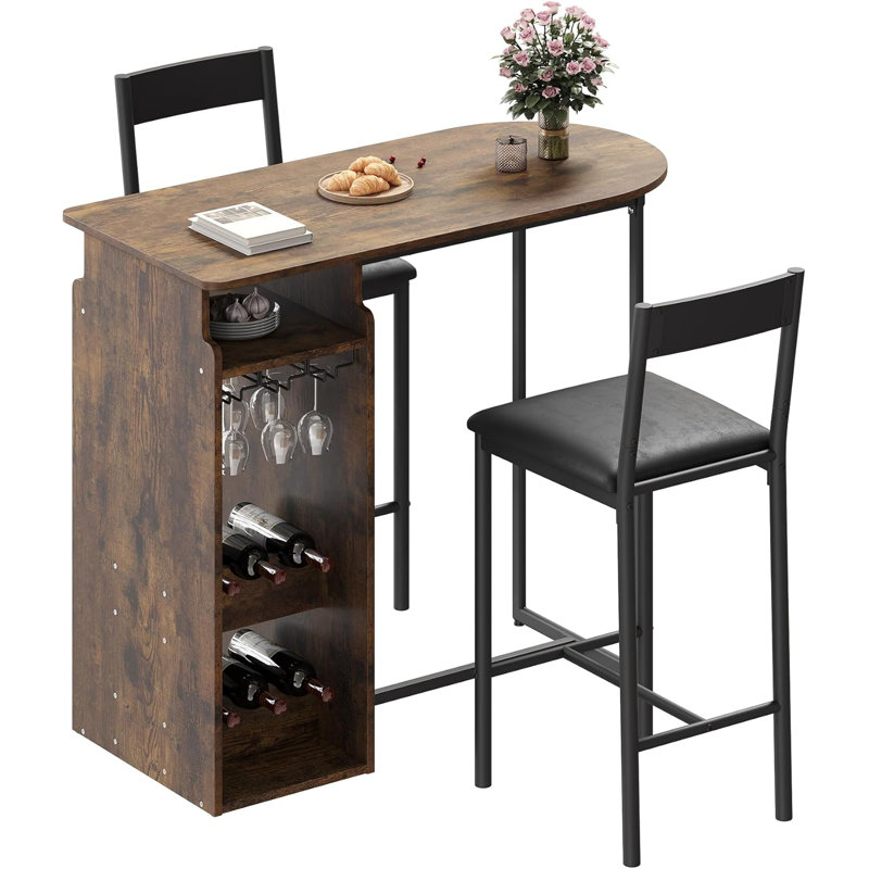 Table de bar et chaises pour 2, table de salle à manger avec support à vin à deux niveaux et verres suspendus, Brun