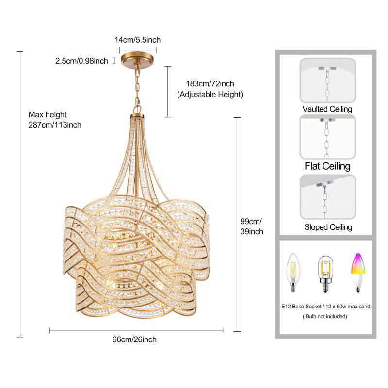 Lustre de 39 pouces en or laqué avec filigrane de cristal transparent Anatasia