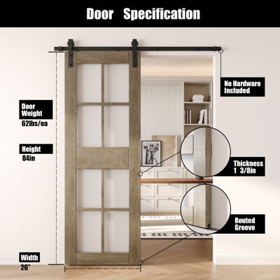 Porte de grange en verre non assemblé et fini de 26 po x 84 po Homacer Classic de 26 po x 84 po Homacer, usage intérieur seulement