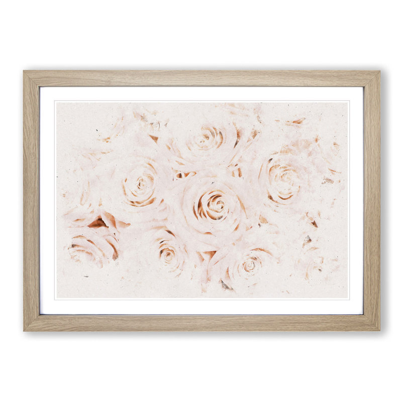 Wall Of Pink Roses Watercolour - Picture Frame Graphic Art, Oak, 35cm H x 50cm W x 2cm D
