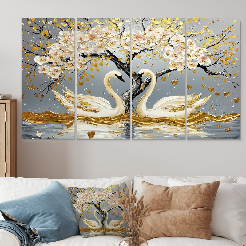 Cygnes gris et or Love Under Cherry Blossom II - Ensemble de décoration murale cerisier en fleurs, 32" H x 64" W