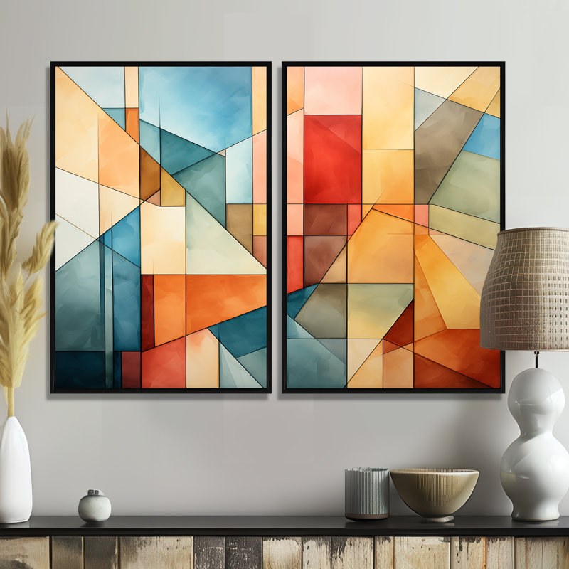 «Cubism Experiment With Minimalist I», ensemble d'art mural abstrait cubisme, 36" H x 48" W, Impression encadrée flottante