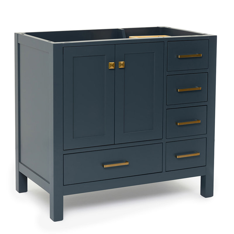 Cambridge Left Offset 36" Single Bathroom Vanity Base Only, Satin Brass, Midnight Blue