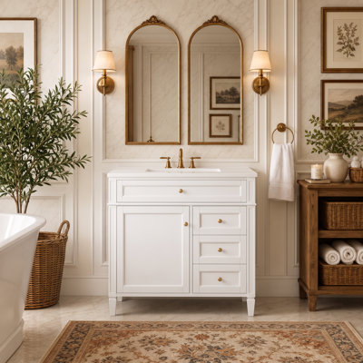 Meuble-lavabo moderne de 91 cm (36 po) avec lavabo simple, meuble de rangement pour salle de bain, lavabo de table, 2 tiroirs et 1 tiroir à bascule, bleu