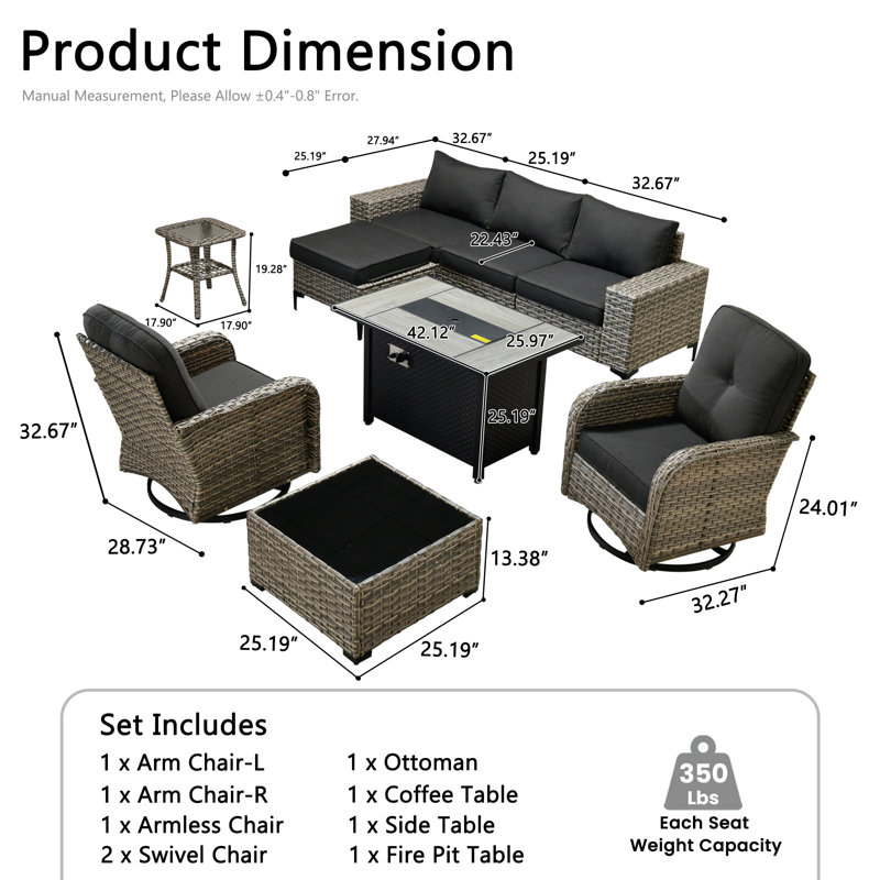 Emroy 5 - Person L-Shaped Sectional Outdoor Conversation Set,Wicker Patio Seating Group with Lighted Coffee Table, All Weather Swivel Chair Set with Cushions