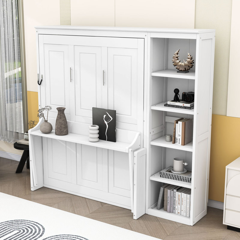 Lit escamotable avec bureau et bibliothèque Murphy, Double, Blanc