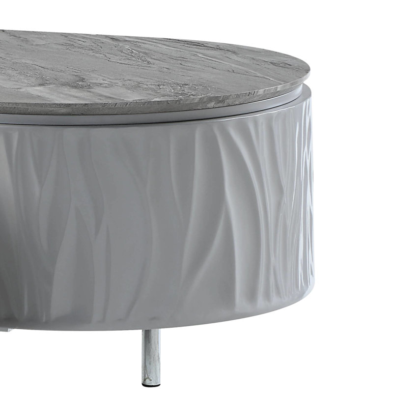 Élégante table basse grise avec plateau ultrabrillant et espace de rangement de forme ovale chic à extension 3/4