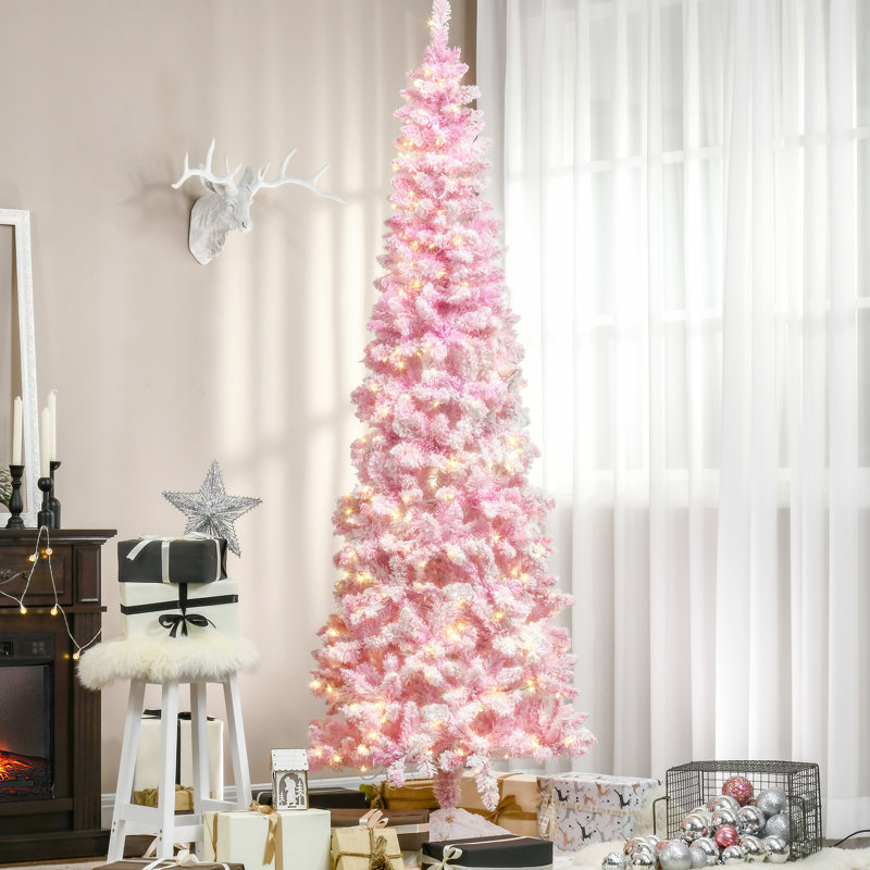 Arbre de Noël artificiel de 7,5 pi, décoration en flocons de neige rose et blanche, style crayon, lumières DEL chaudes, ouverture automatique, branches en plastique, feu, arbre d'assemblage facile en rose, floqué, forme, éclairage,