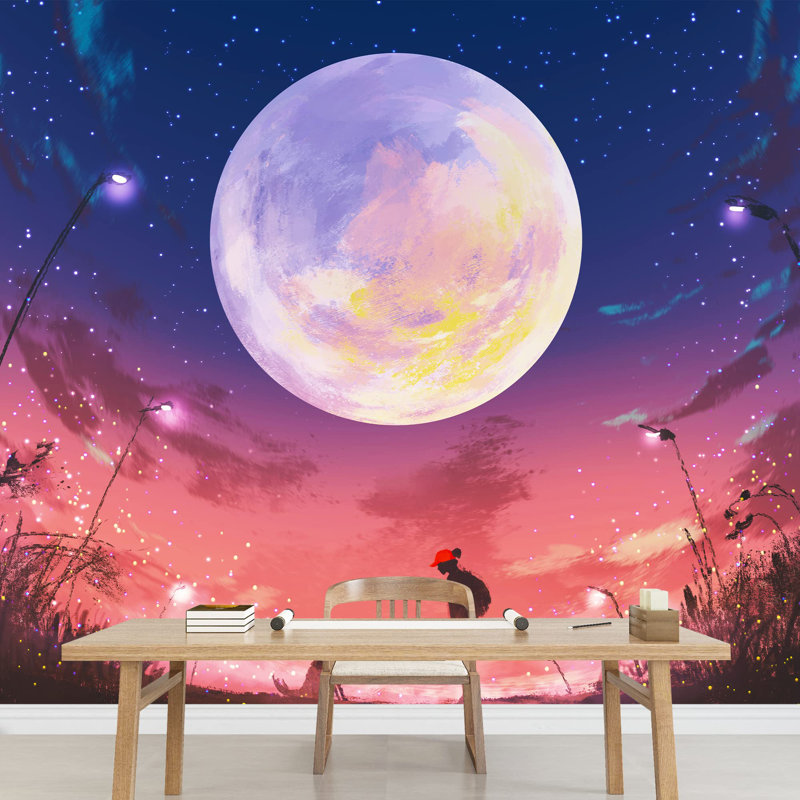 «Woman with Dog at Night with Huge Moon Above», grand papier peint autocollant amovible, L 100 po x l 144 po